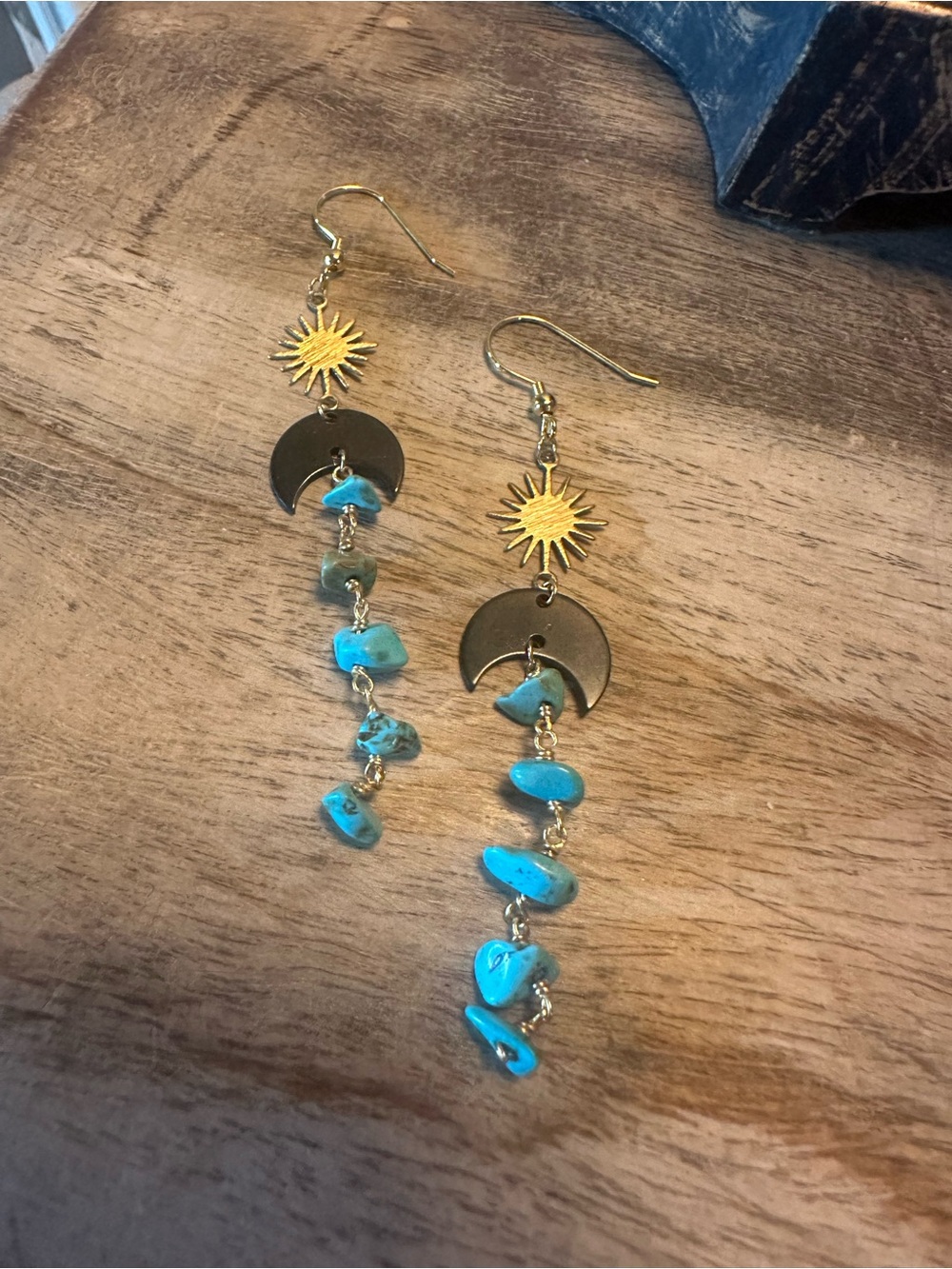 Gold Sun & Crescent Turquoise Dangle Earrings